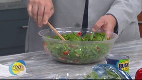 Healthy eating on a budget; Salmon salad with tahini dressing