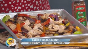 Sheet pan chicken fajitas; Family Meals Month