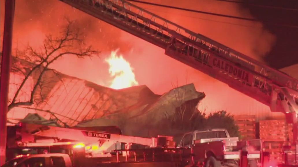 Caledonia fire, barns up in flames
