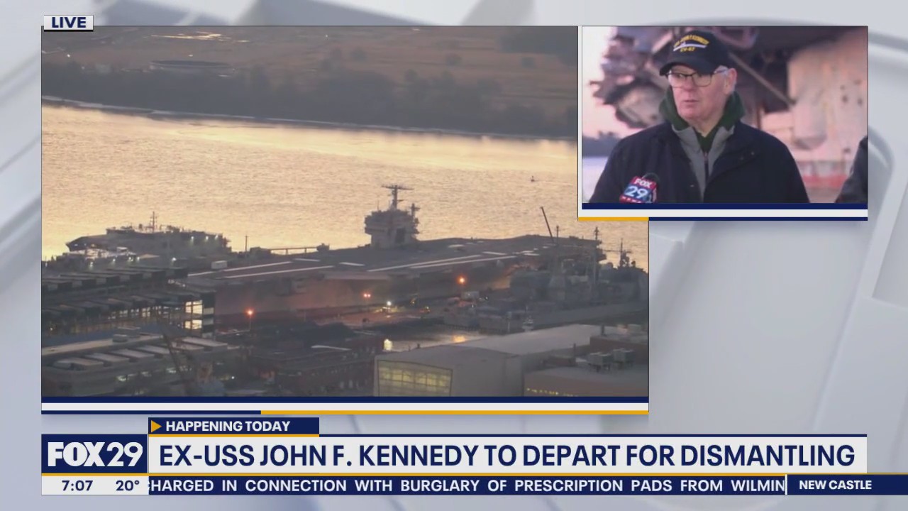 Former USS John F. Kennedy leaving Philadelphia Navy Yard to be dismantled