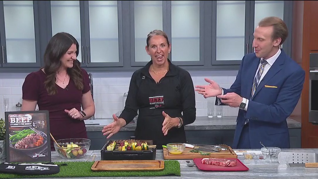 Ribeye and seasoned vegetable kabobs