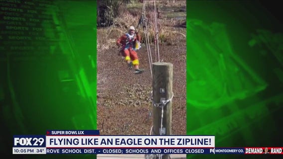 Eagles Super Bowl: Jason Martinez flies like an Eagle on the zipline