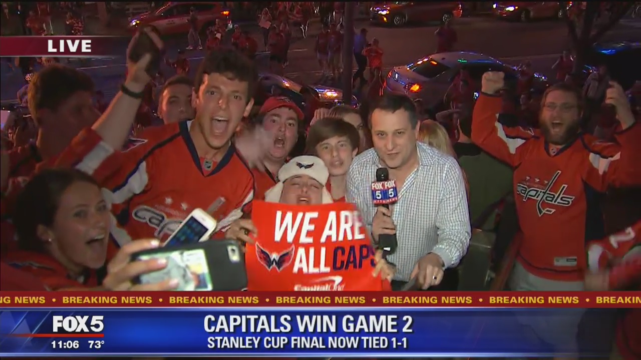 Caps fans celebrate Game 2 Stanley Cup Final win outside Capital One Arena