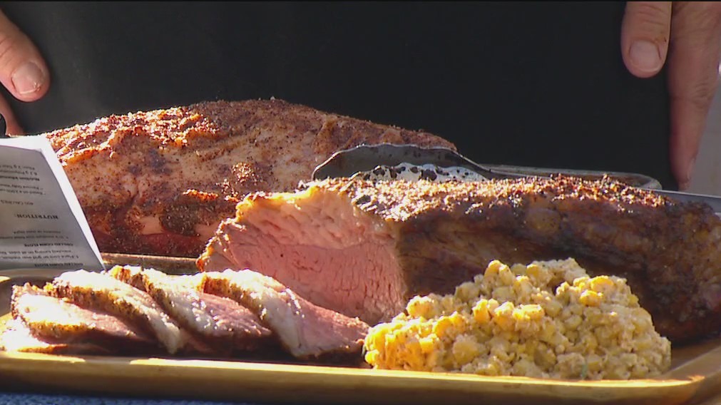 Smoked tri-tip with grilled corn elote