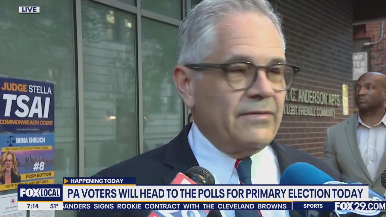 Larry Krasner speaks after casting vote for Philly DA primary