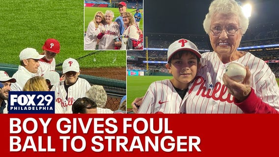 Boy gives up foul ball at Phillies game for complete stranger celebrating 80th birthday