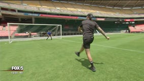DC United players show Tucker Barnes, Marina Marraco and John Harkes Penalty Kick etiquette