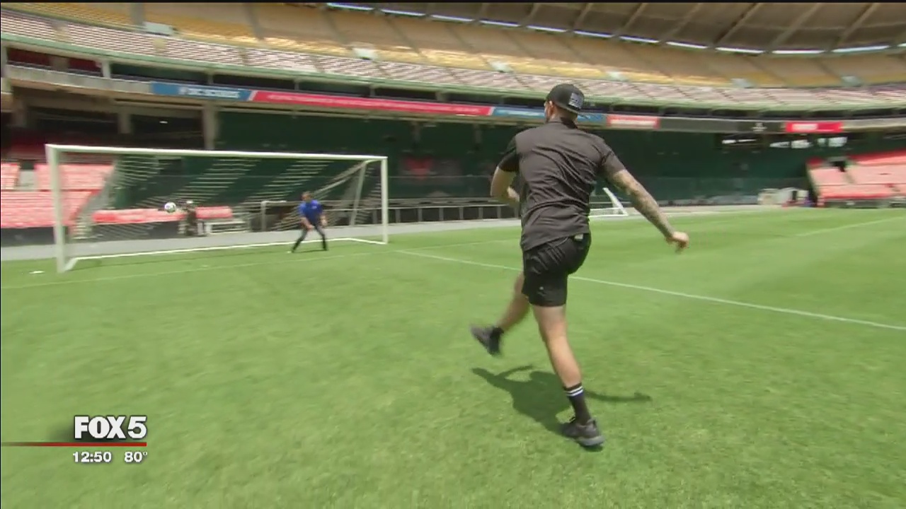 DC United players show Tucker Barnes, Marina Marraco and John Harkes Penalty Kick etiquette