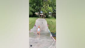Dad displays cat-like reflexes as he catches toddler on slip 'n slide