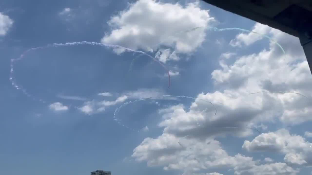 Japanese Airforce draw colorful Olympic rings in Tokyo sky