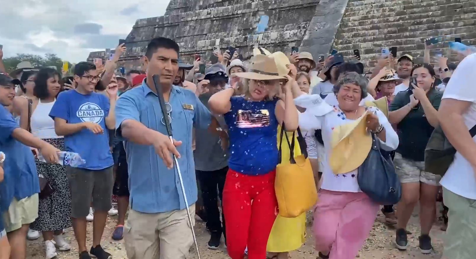 Tourist mobbed after scaling world-famous Mayan pyramid