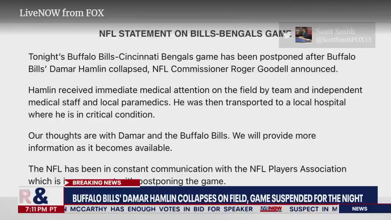 Buffalo Bills' Damar Hamlin collapses after hit, game vs. Bengals suspended