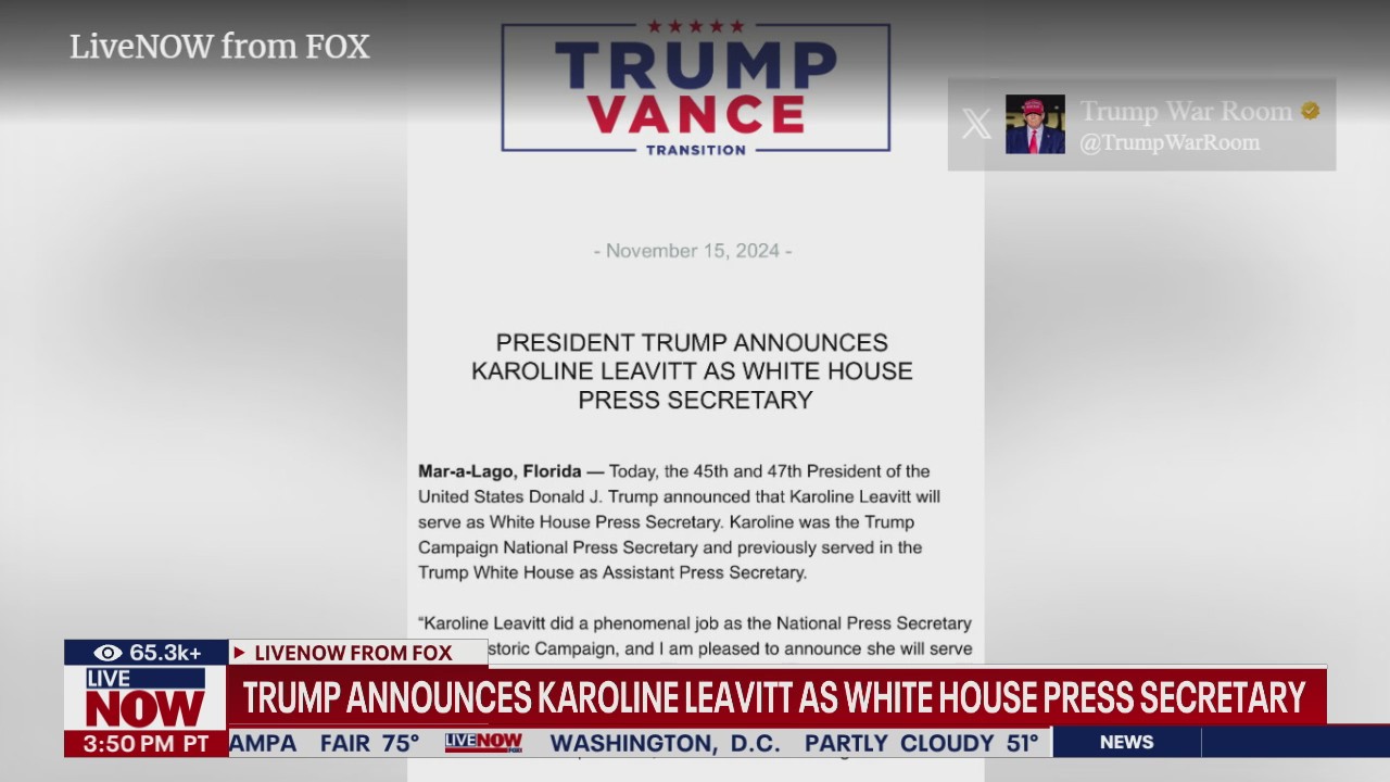 Trump picks Karoline Leavitt as WH press secretary