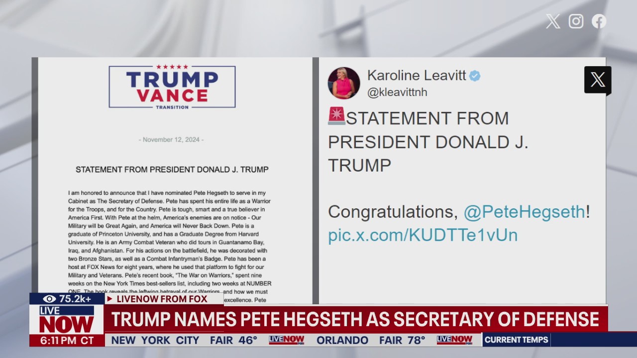 Trump nominates Pete Hegseth as defense secretary