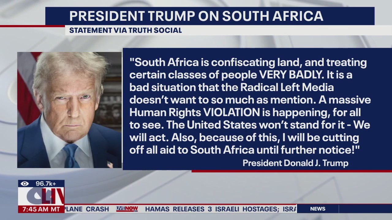 President Donald Trump cuts off aid to South Africa
