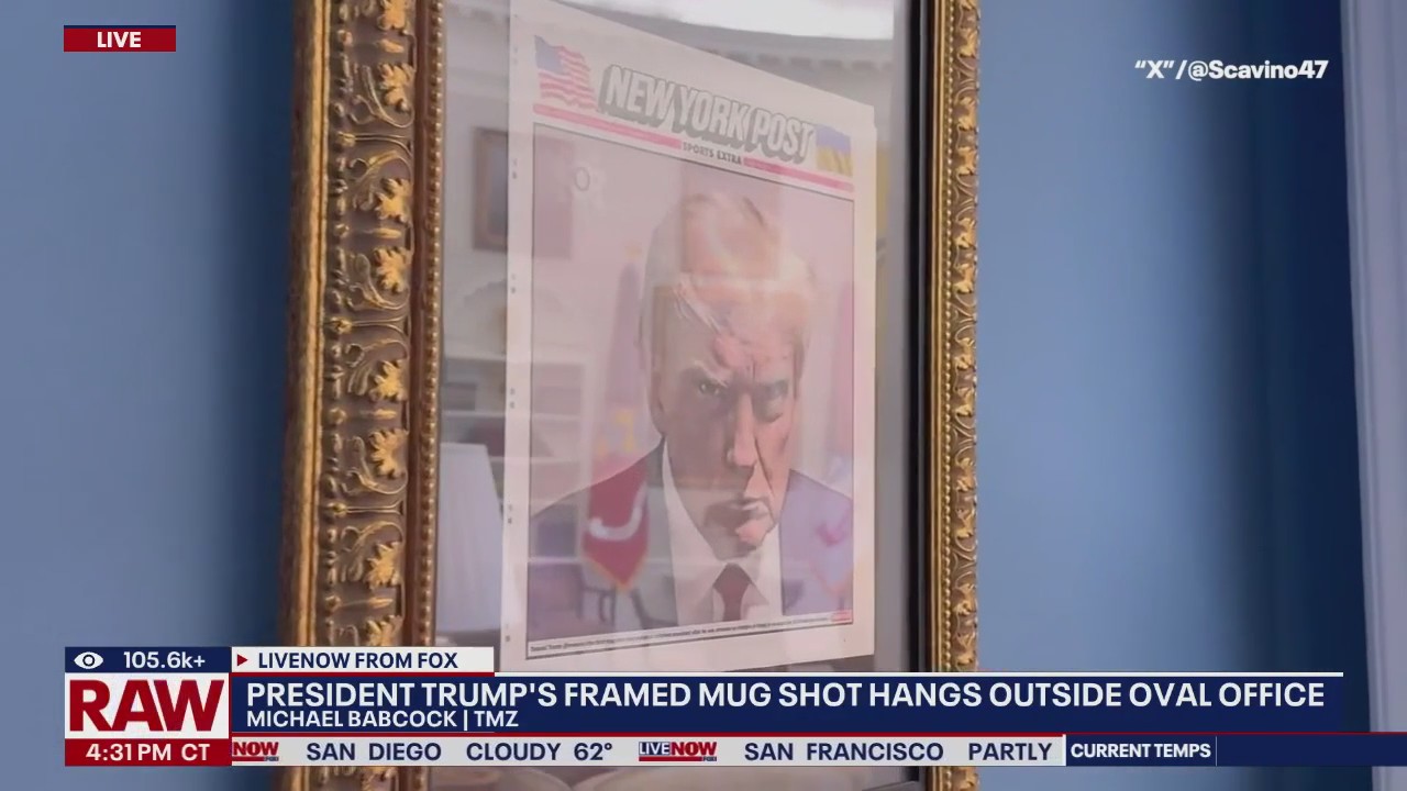 Framed Trump mugshot cover hung in White House