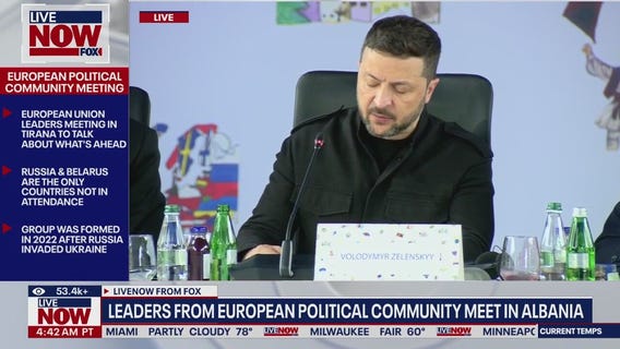 Ukrainian President Zelenskyy speaks in Albania