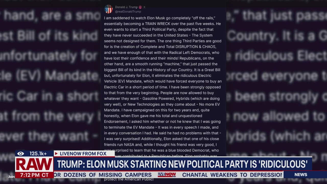 Trump reacts to Musk's new political party