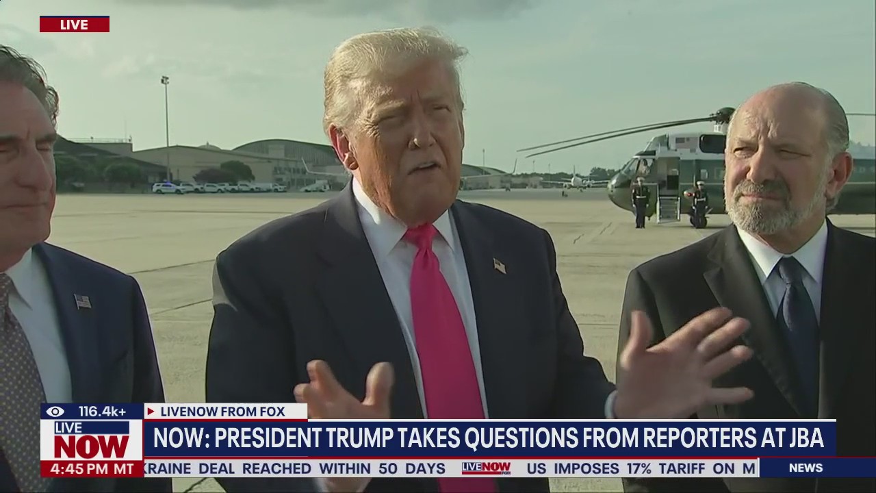 President Trump takes questions from media at JBA