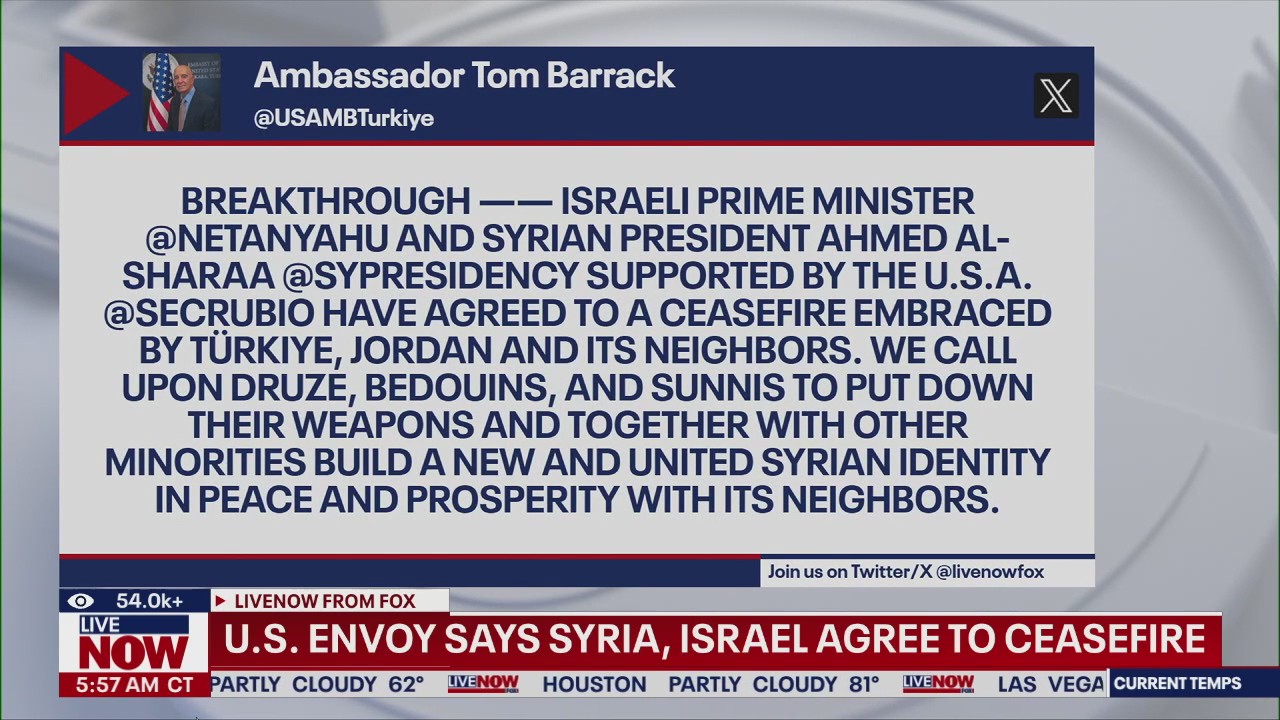 U.S. Envoys says Israel-Syria agree to ceasefire