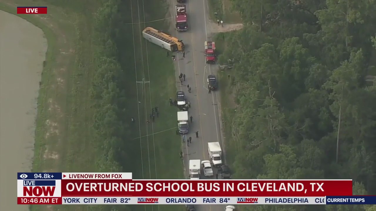 Overturned school bus in Cleveland, TX