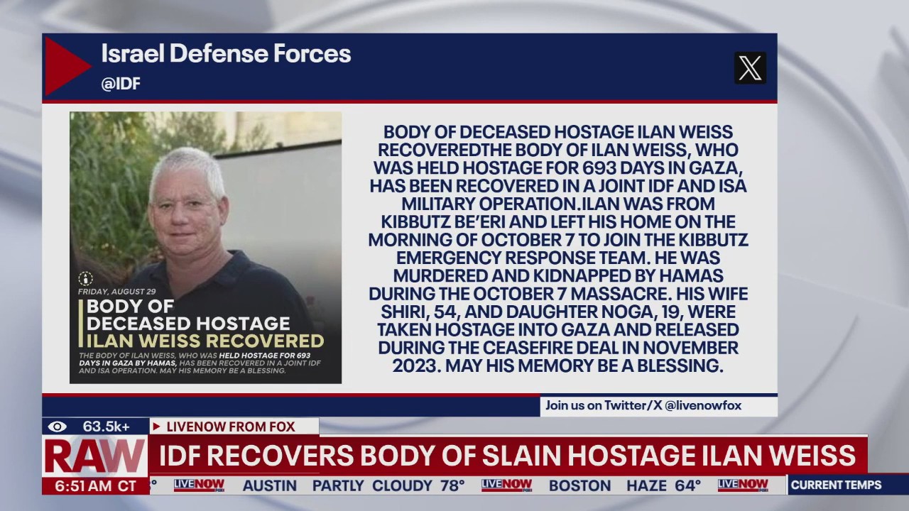 IDF recovers body of slain hostage Ilan Weiss