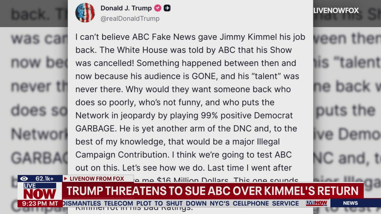 Trump threatens to sue ABC as Kimmel returns