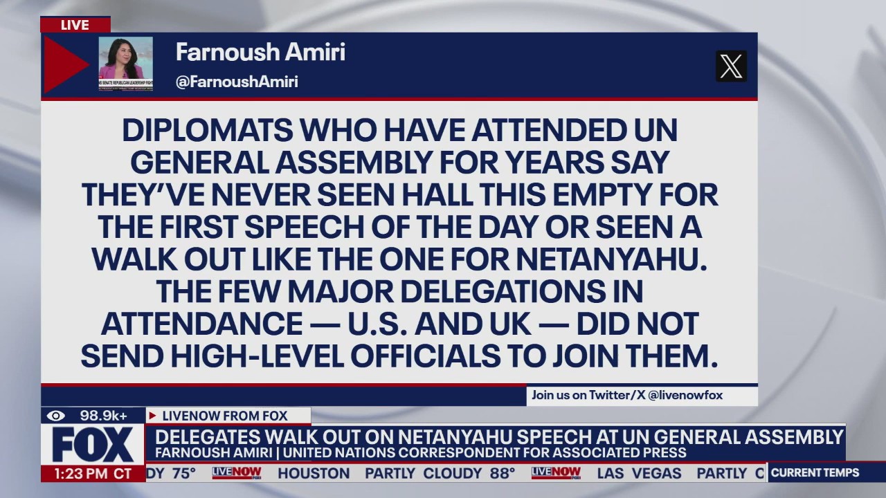 Delegates walk out as Netanyahu speaks at U.N.