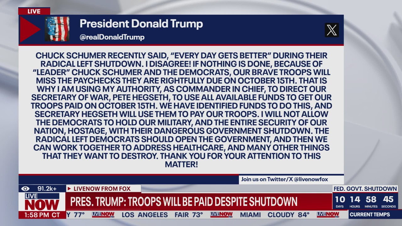 Trump orders troops be paid despite shutdown