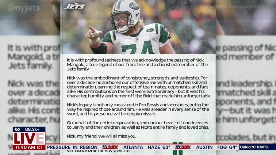 Former Jets center Nick Mangold dies at 41
