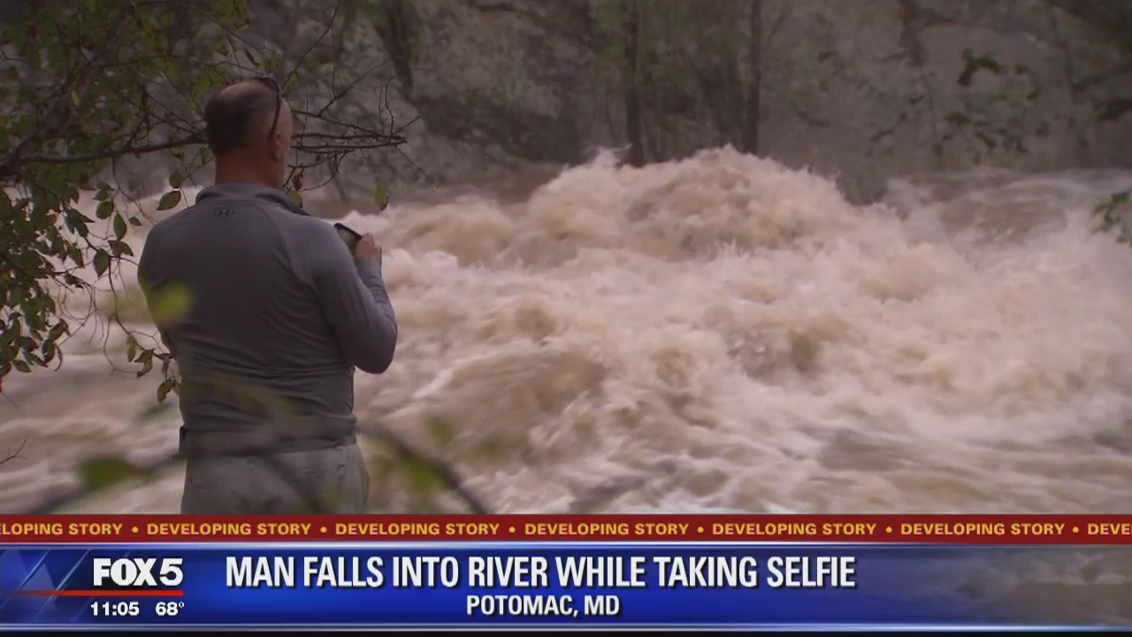 Man taking selfie slips and falls into flooded Potomac River