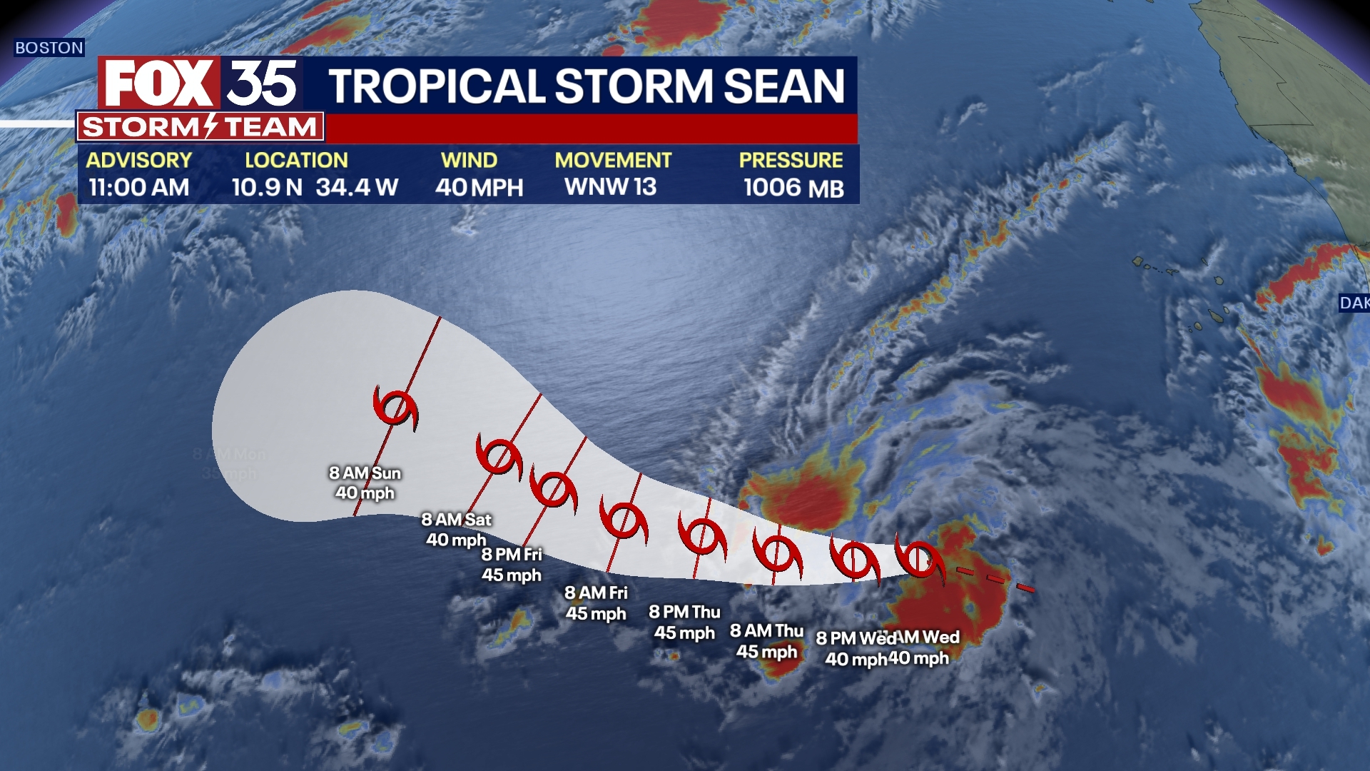 Tropical Storm Sean brewing in the Atlantic