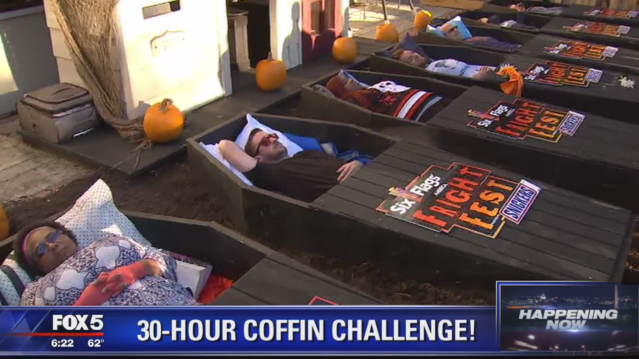 Participants trying to lie in coffin for 30 hours in Six Flags America's 'Coffin Challenge'