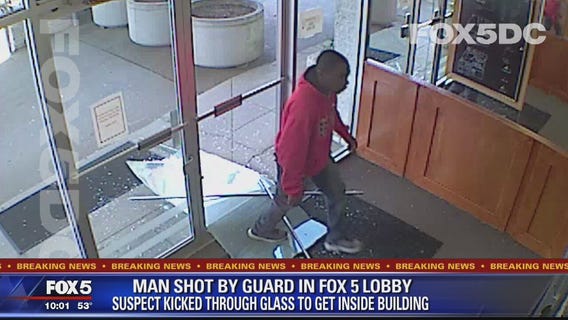 Suspect shot by security guard after kicking his way into FOX 5 building
