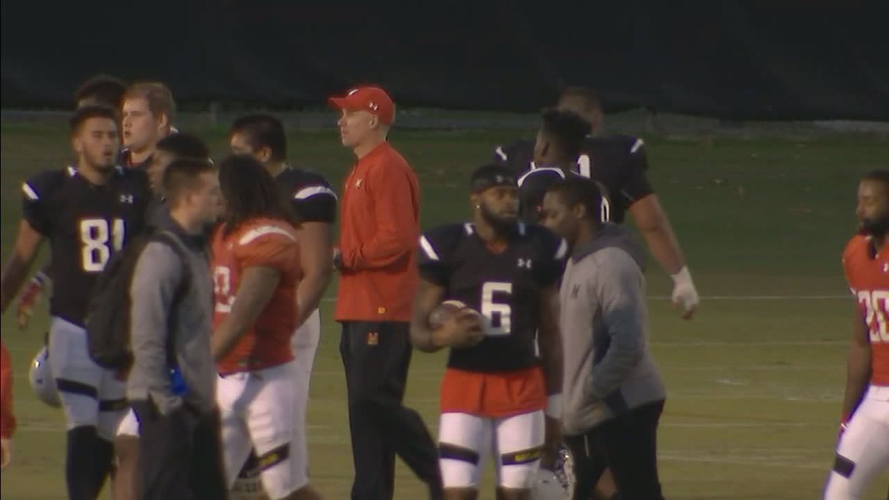 University of Maryland football coach DJ Durkin returns to the practice field