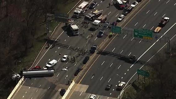 Tanker truck overturns on I-495 Inner Loop