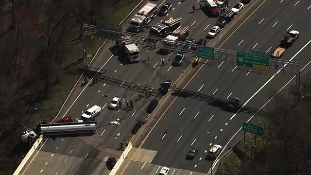 Tanker truck overturns on I-495 Inner Loop