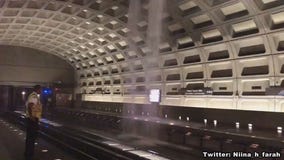 Rainwater gushes through roof of Virginia Square-GMU Metro during Monday morning commute