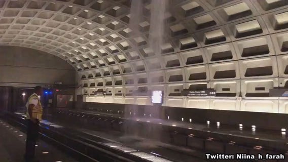 Rainwater gushes through roof of Virginia Square-GMU Metro during Monday morning commute