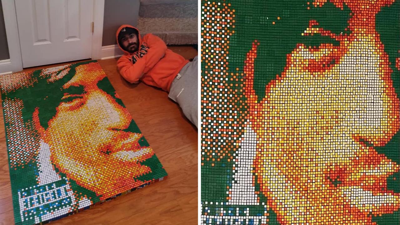 Tupac portrait made from 1,200 mini-Rubik?s cubes