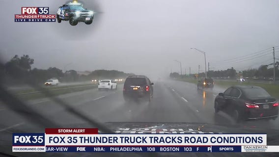 FOX 35 Storm Team Thunder Truck tracks rainy road conditions