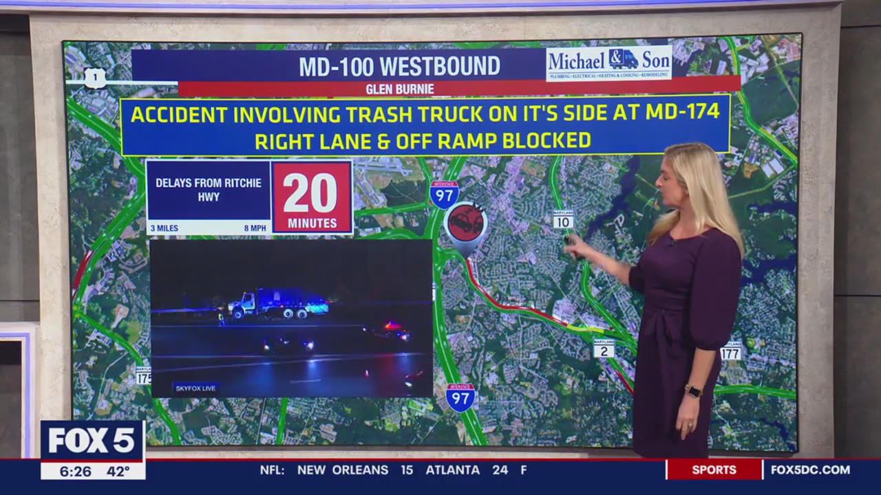 Delays after trash truck overturns in Glen Burnie | FOX 5 DC