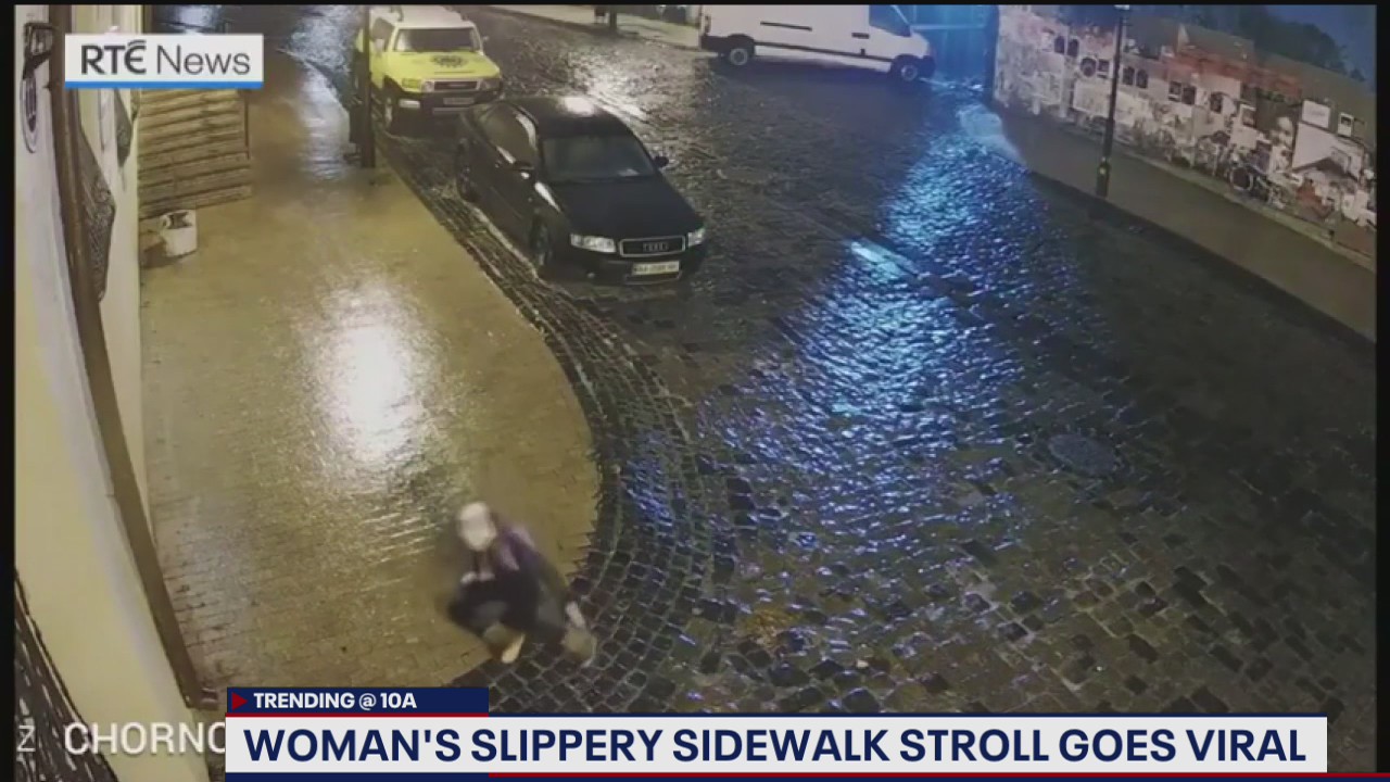 Woman's slippery sidewalk stroll goes viral