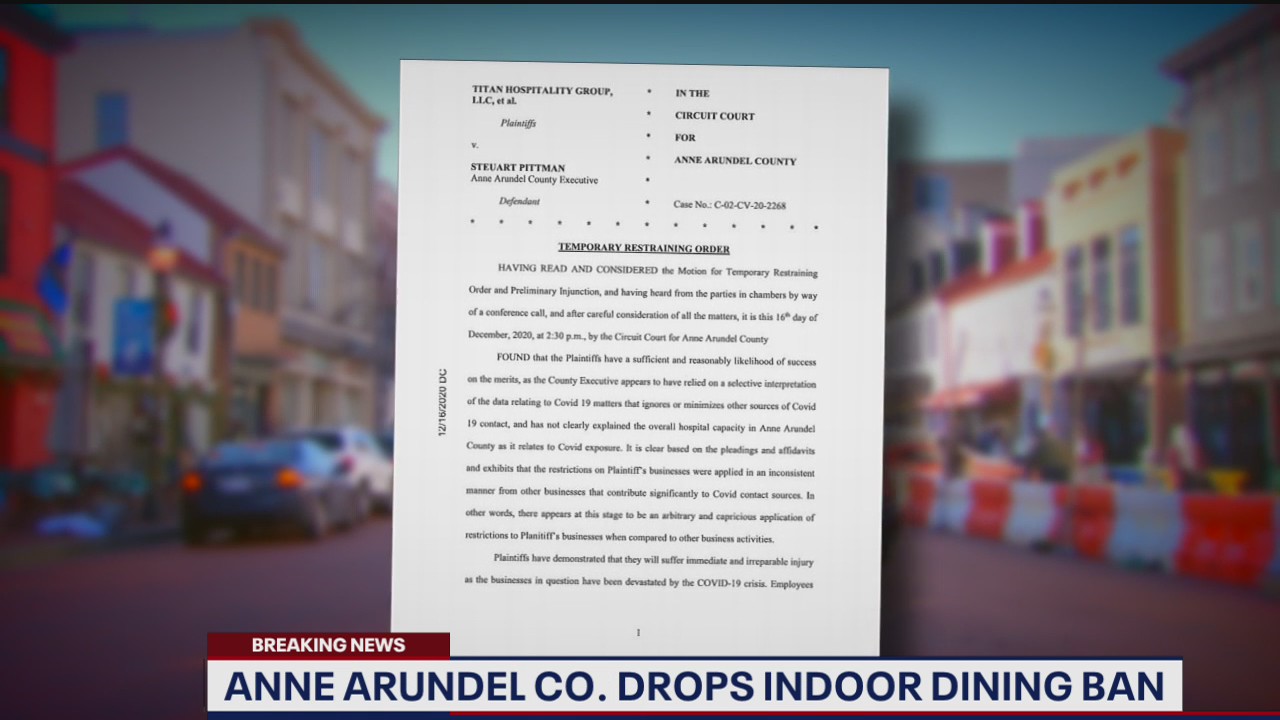 Anne Arundel County drops indoor dining ban