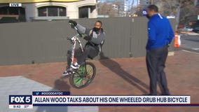 Grubhub delivery guy Allan Wood shows off his one-wheel bike to FOX 5!