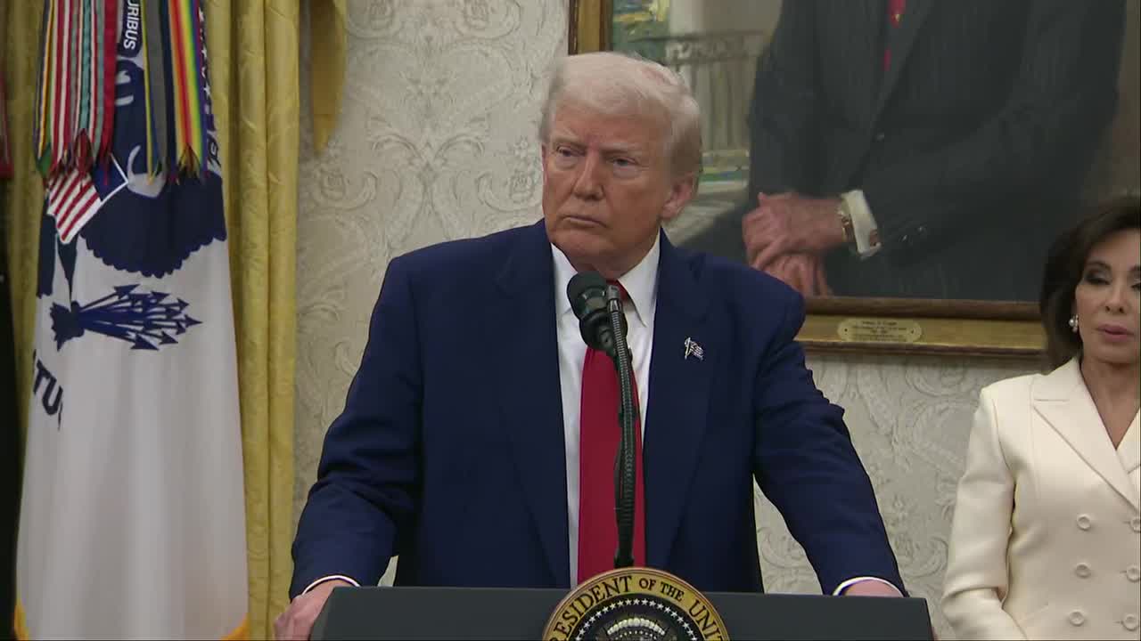 President Trump answers questions in the Oval Office