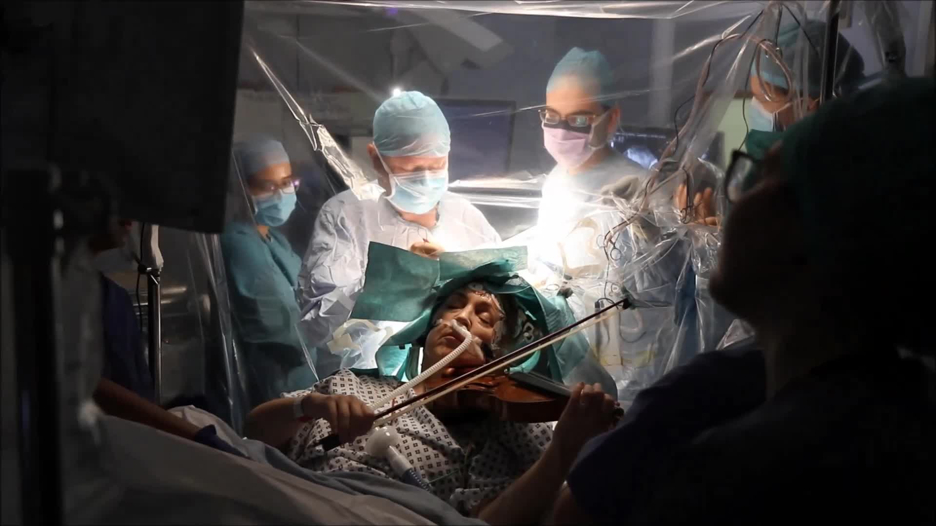 Patient plays violin during brain tumor removal