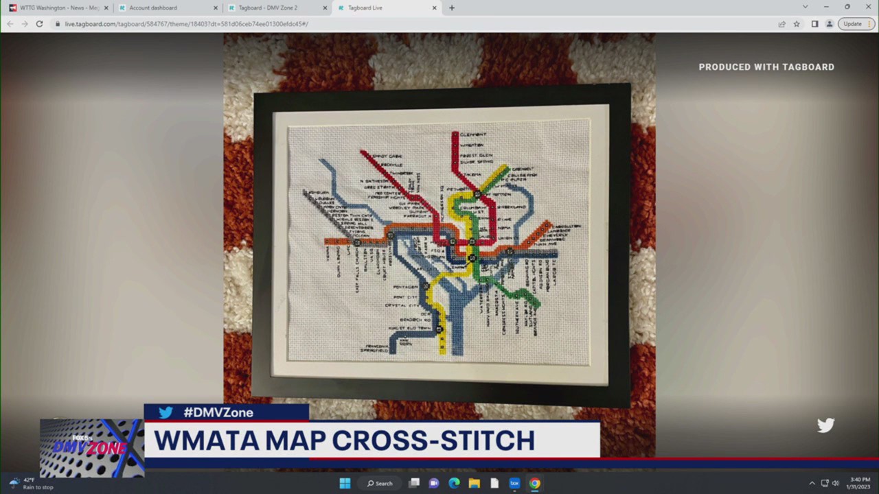 Woman cross-stitches Metro map