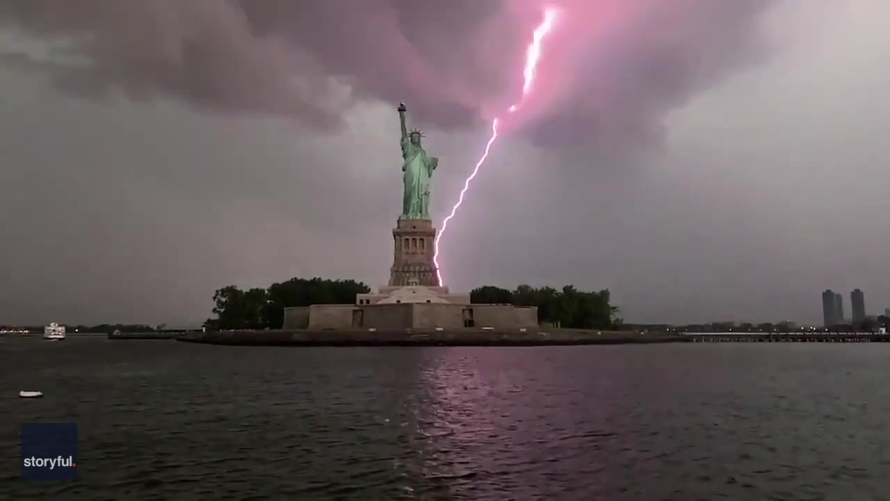 Lightning strikes near Statue of Liberty