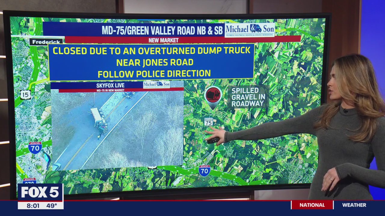 Overturned dump truck spills gravel on roadway in New Market area | FOX ...